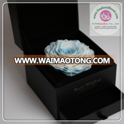 size 9-10 cm white+blue sky natural preserved rose heads in black gift box with drawer on sale