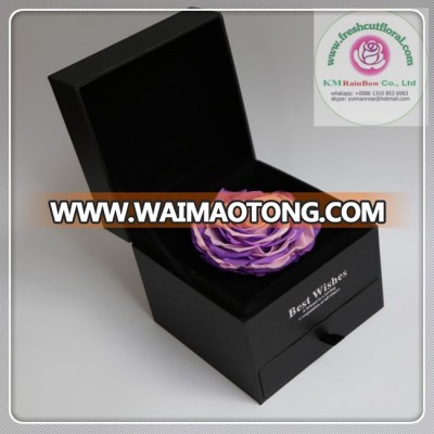 size 9-10 cm pink+purple natural preserved rose heads in black gift box with drawer on sale