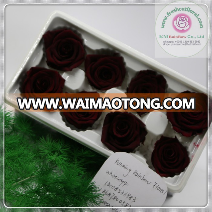 Wine red color size 4-5 cm natural preserved rose head packed with boxes from Chinese flower factory